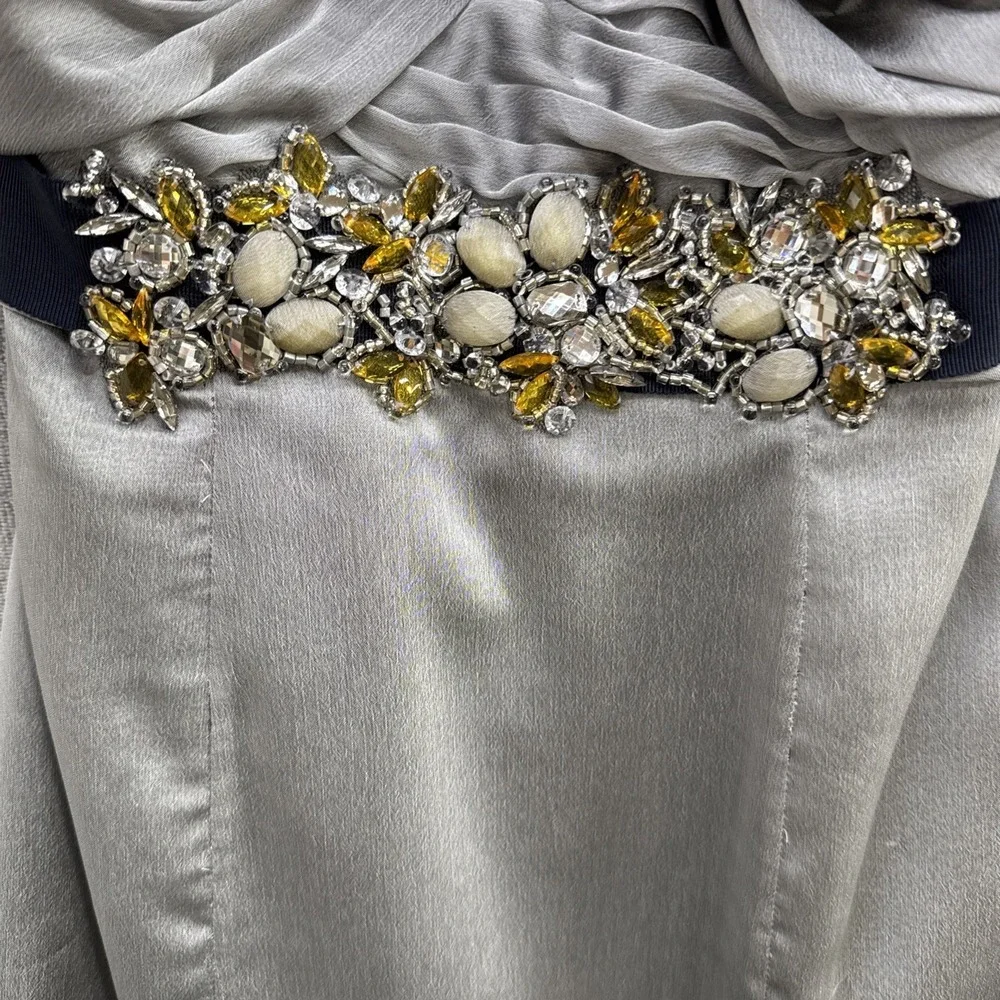 Silver Beaded Gown Sz‎ 6 Y2K Ruched Bodice Evening Dress Formal Glam - Picture 5 of 16